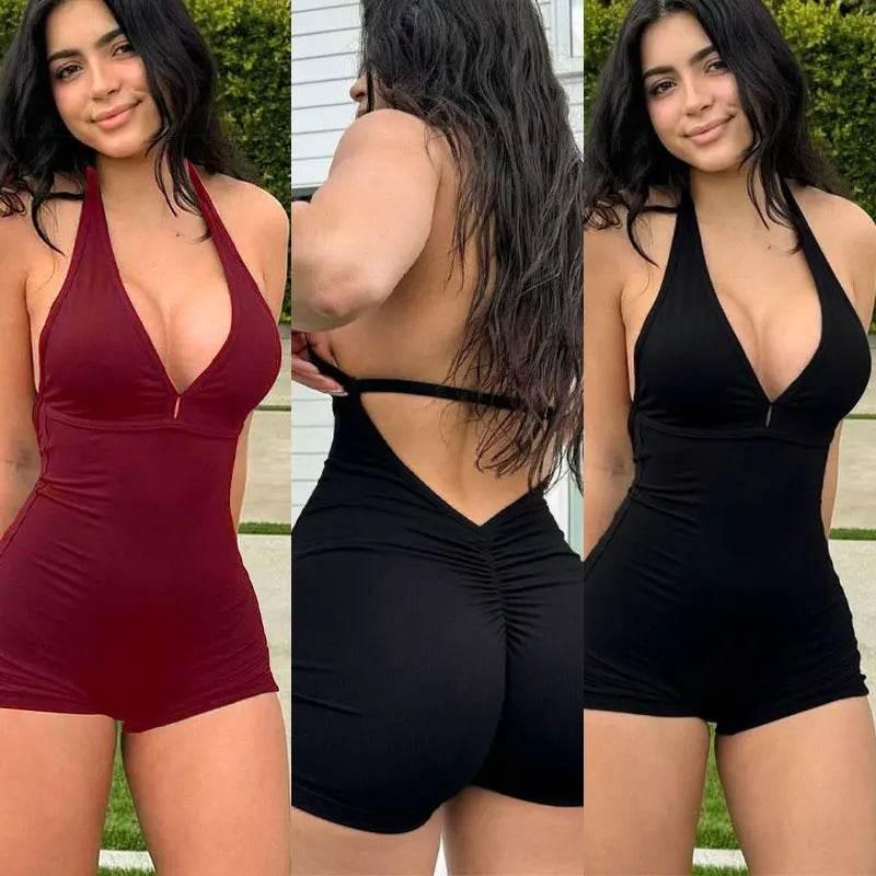 Sexy Backless Playsuits Women Sports Fitness Summer Fashion Black New Rompers Slim Casual Hollow Out Bandage Halter Playsuits - Empire P.E