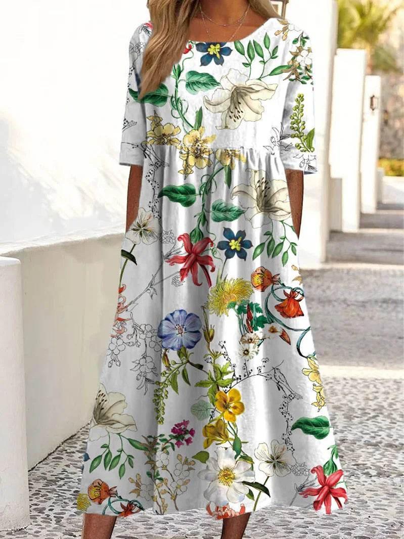 2024 women's fashion loose floral print round neck short sleeve pocket dress - Empire P.E