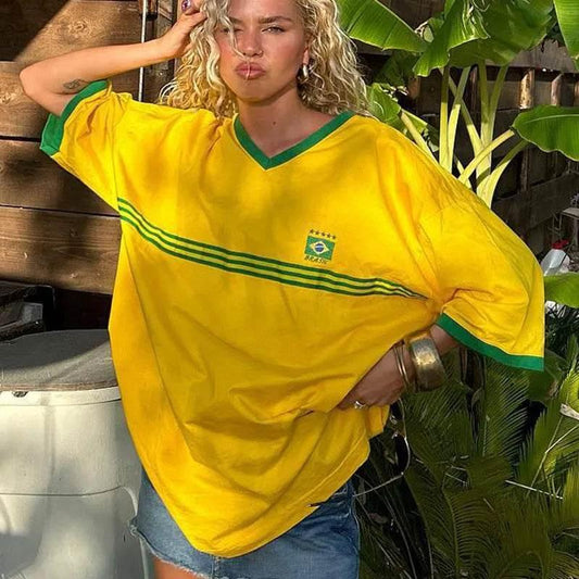 Brazil Embroidery Yellow Tshirt Casual Loose Medium And Long Sleeves Y2k Clothing Tops Oversized T-shirt Beach Summer Women Tees - Empire P.E