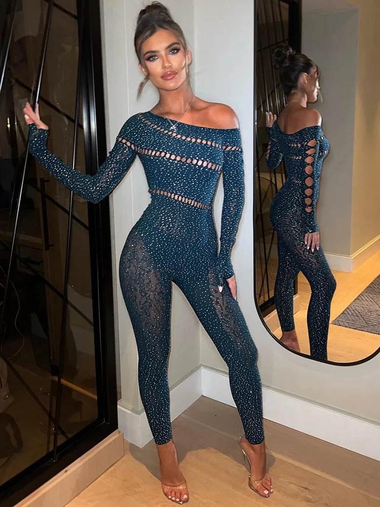 Sibybo Off Shoulder Long Sleeve Jumpsuits Women Fashion Rhinestones High Stretch Hollow Out Sexy Overalls Sparkly Party Rompers - Empire P.E