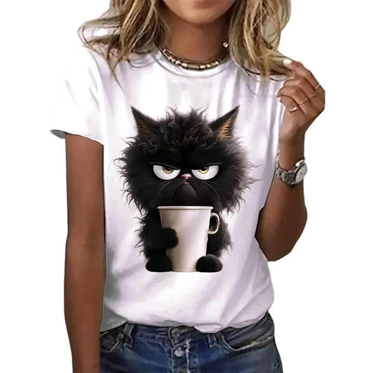 Cat Women Summer White Print T-shirt - Empire P.E