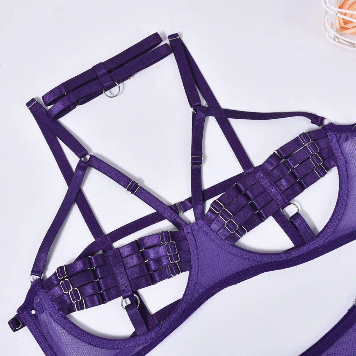 Yimunancy 4-Piece Bandage Erotic Set Women Choker Cut Out Solid Vintage Purple Sexy Lingerie Set Breif Kit - Empire P.E