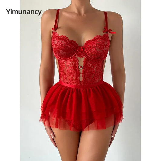 Lace Lingerie Set Women 2-Piece Red Backless Bodysuit - Empire P.E