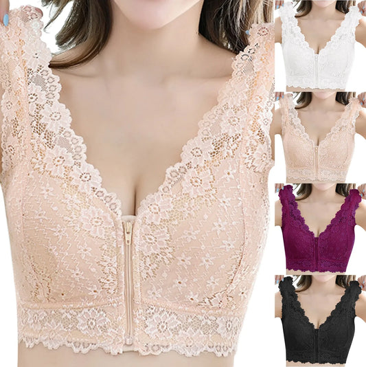 Women Bra Women'S Comfortable And Sexy Large Lace Lace Strap With Strap Deep V Front Zipper Bra Floral Lace Trim Underwear - Empire P.E