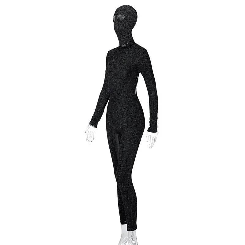 Sequins Silk Jumpsuits With Headwear 2024 Autumn Women Sexy Turtleneck Backless Long Sleeve Skinny Overalls Party Club Rompers - Empire P.E