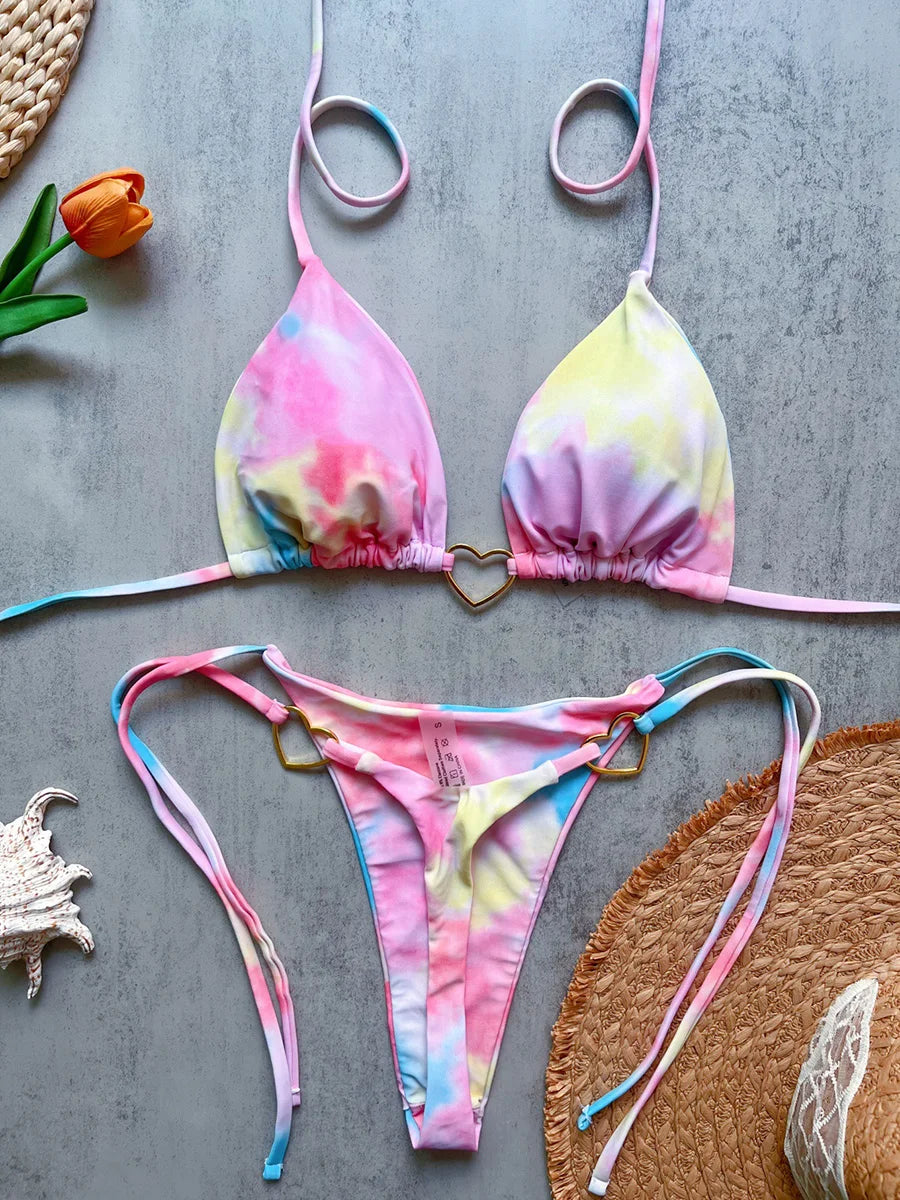 Metal Heart-shaped Halter Mini Micro Thong Bikini