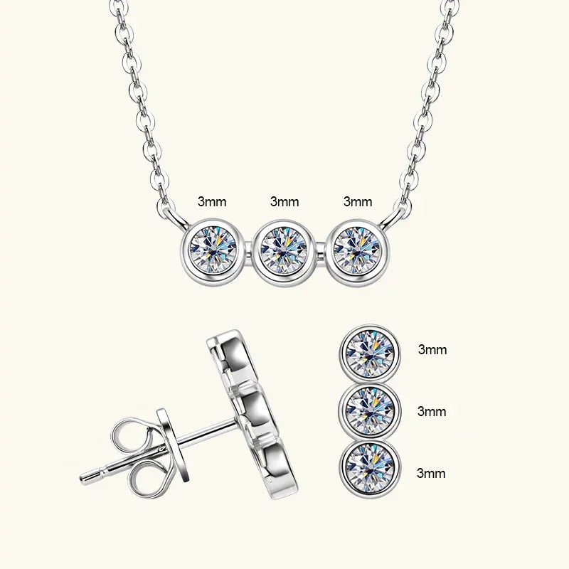 3mm Moissanite Jewelry Sets Real 925 Silver for Women 3 Stones Pendant Necklace Stud Earrings Set - Empire P.E