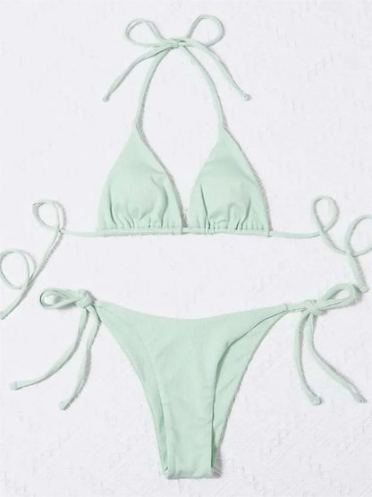 Women Solid Halter Push Up Bra Tie Side Triangle Swimsuit - Empire P.E