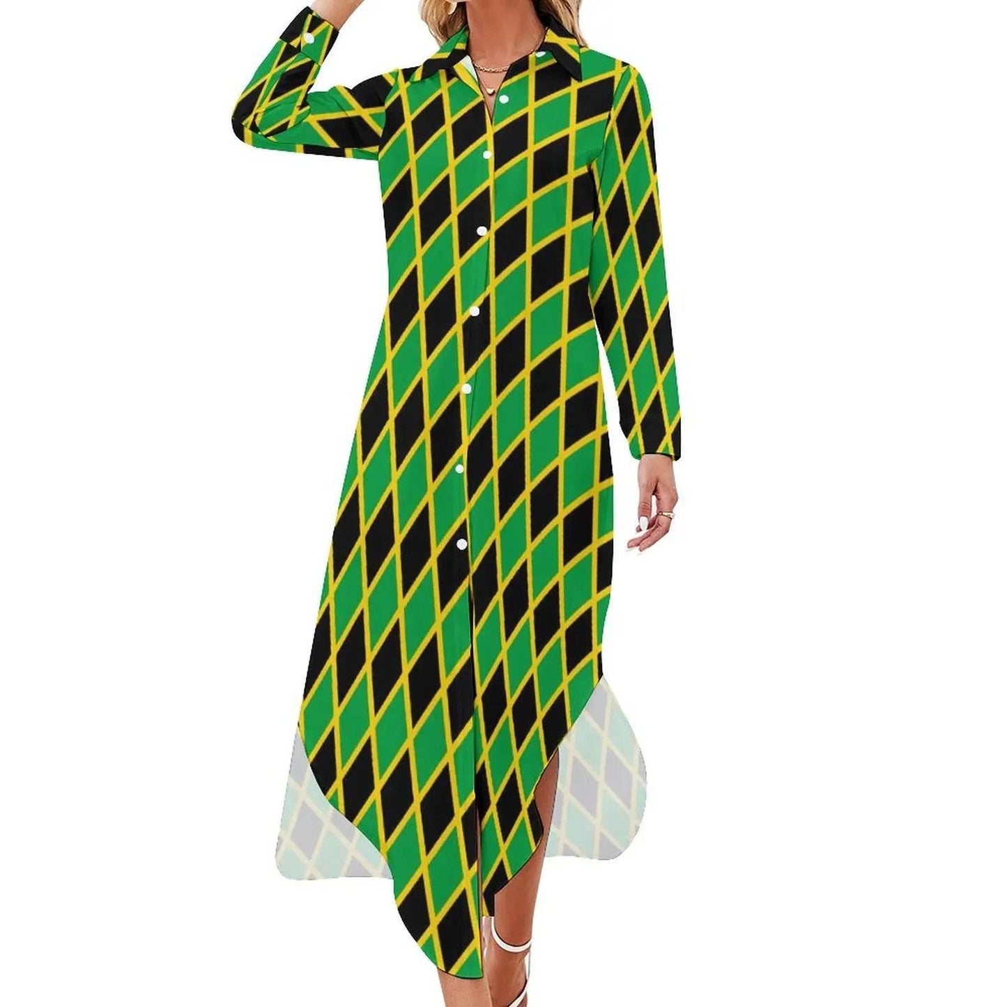 Patriotic Jamaica Flag Chiffon Dress Sexy V Neck Green Yellow Pretty Dresses Ladies Street Wear Casual Dress Gift - Empire P.E