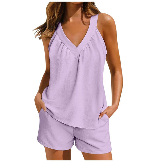 Women'S Summer Casual Suit New Urban Casual Women'S Solid Color Sleeveless Vest Elastic Shorts Home Clothes Two-Piece Set - Empire P.E