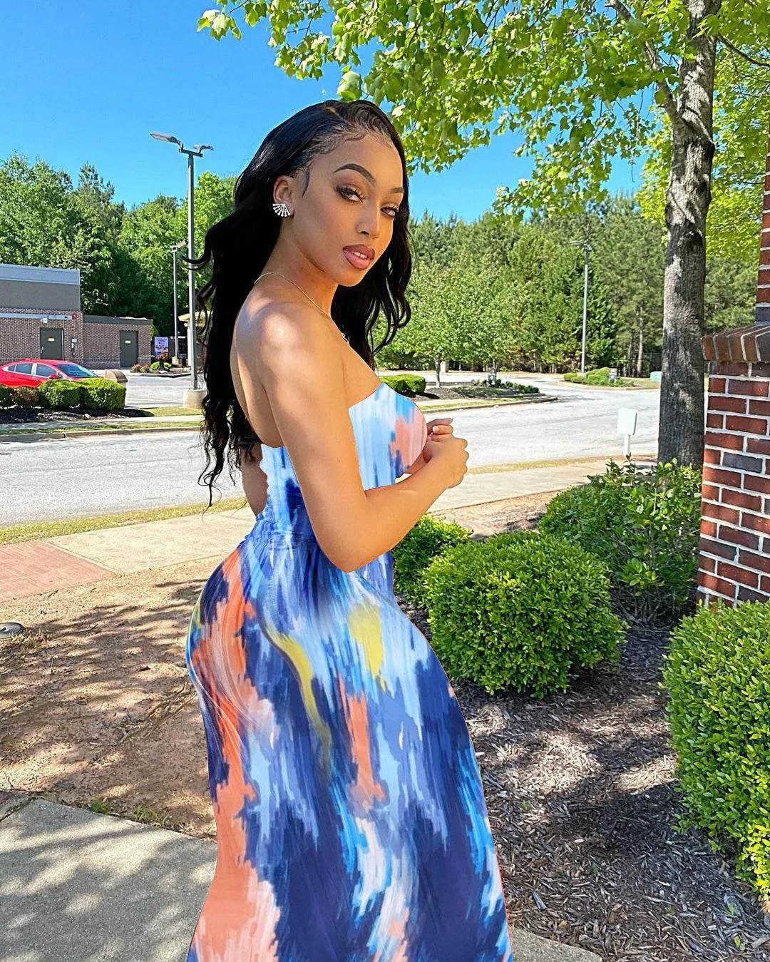 Spring And Summer Dresses For Women Chest Wrap Printed Off Shoulder Bandage Slim Sexy Long Dress 2023 New Fashion party MsChuh - Empire P.E