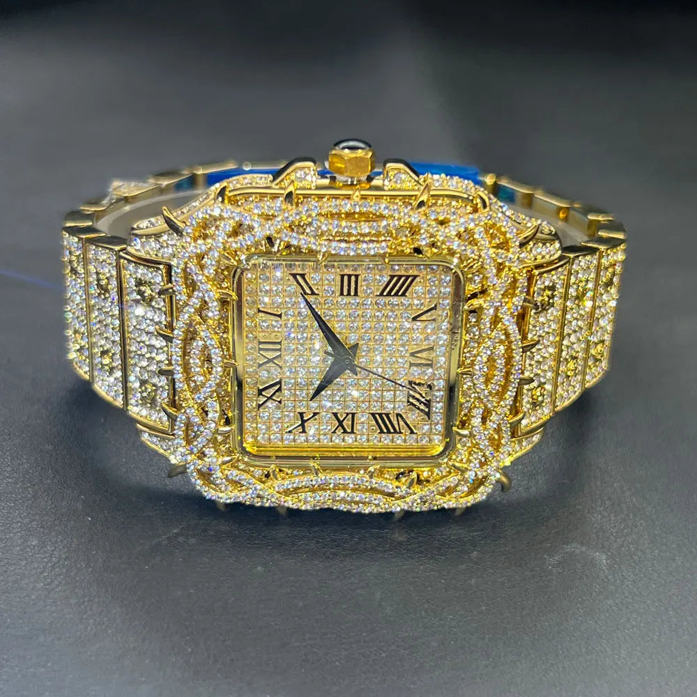 Men's Fashion Luxury Gold Square Diamond  Watches
