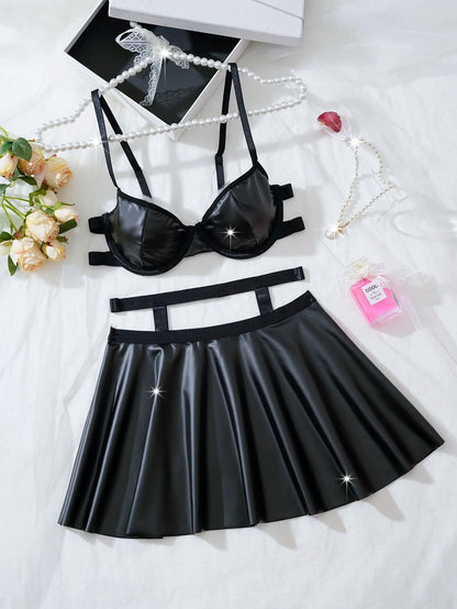 Women Sexy Bras And Skirts Set Leather - Empire P.E
