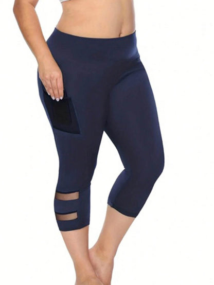 Plus Size Casual Leggings, Women's Plus Plain High Rise Contrast Mesh Capri Leggings - Empire P.E