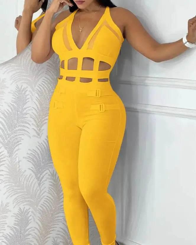 Women's jumpsuit 2025 summer new sleeveless new fashionable hollow camisole buckle comparison mesh tight jumpsuit - Empire P.E