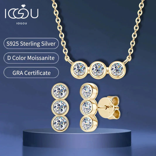 3mm Moissanite Jewelry Sets Real 925 Silver for Women 3 Stones Pendant Necklace Stud Earrings Set - Empire P.E