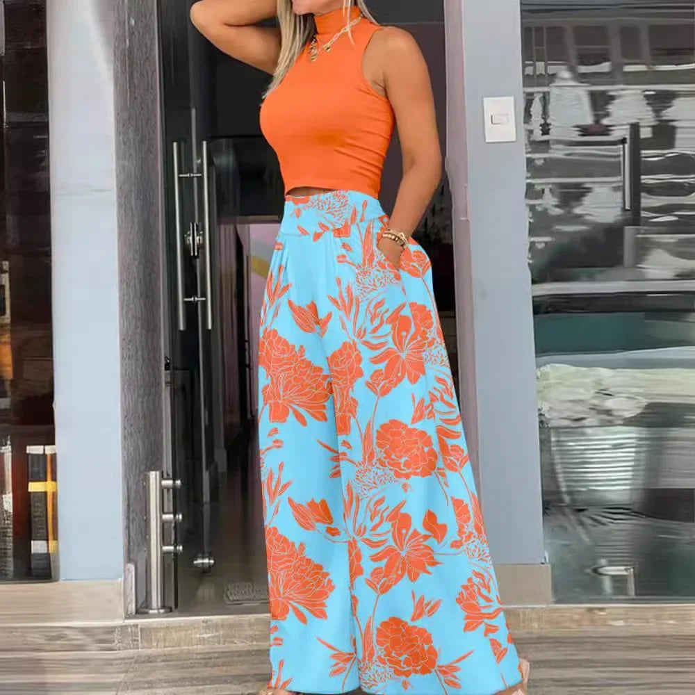 Fashionable Printed Wide-leg Trousers Two-piece Suit - Empire P.E