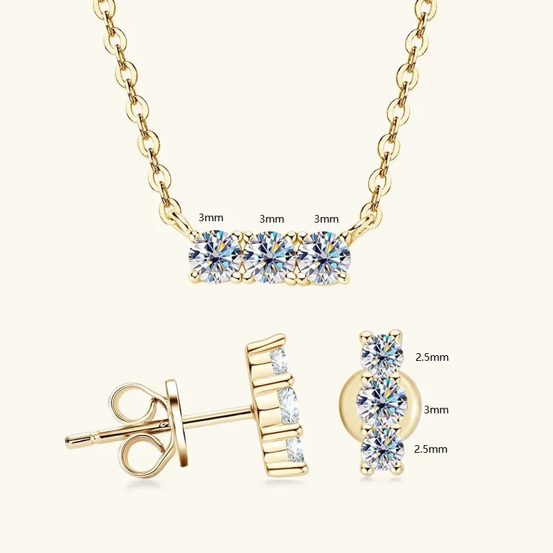 3mm Moissanite Jewelry Sets Real 925 Silver for Women 3 Stones Pendant Necklace Stud Earrings Set - Empire P.E