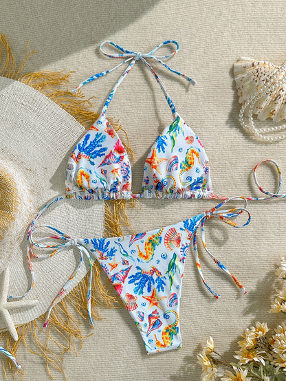 Women's Shell and Marine Animal Print Bikini Swimsuit Two-Piece Set
