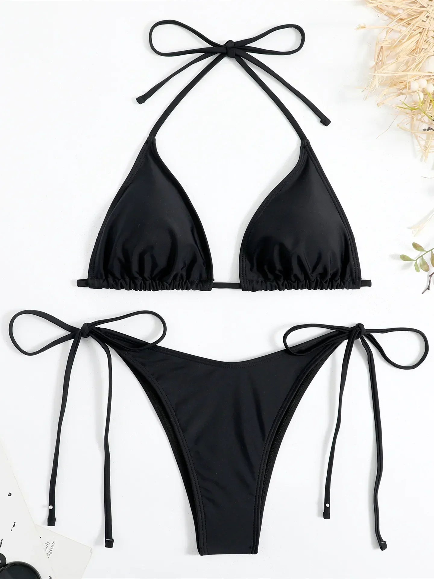 Women Solid Halter Push Up Bra Tie Side Triangle Swimsuit - Empire P.E