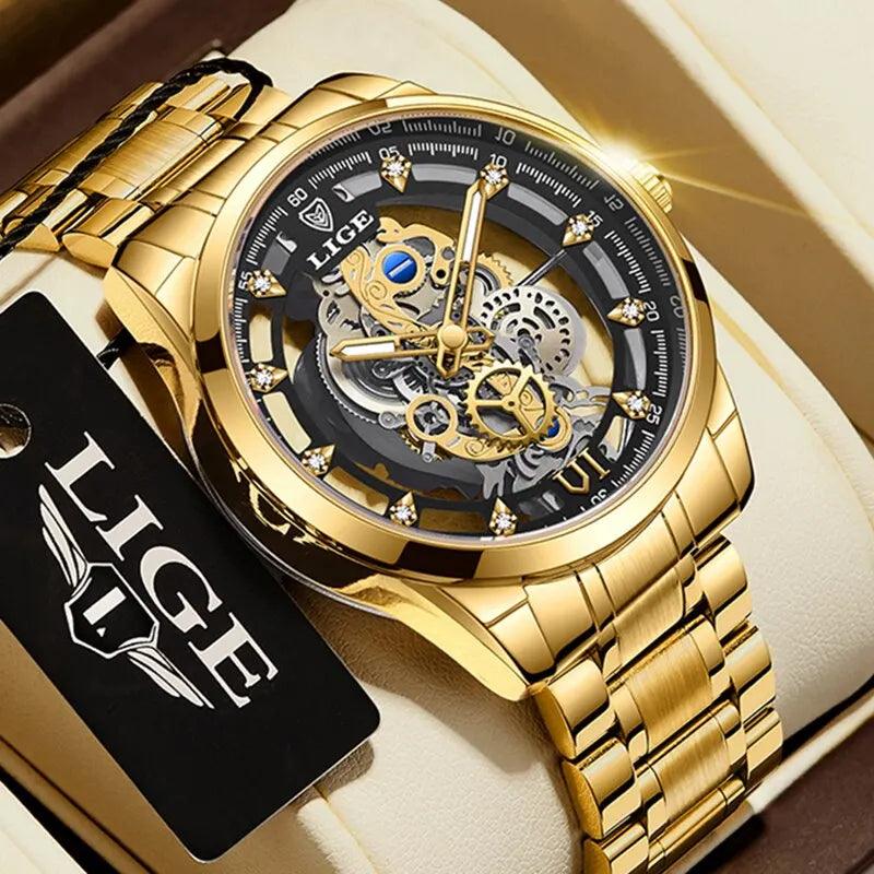 LIGE New Men Watch Skeleton Quartz Wristwatch Gold - Empire P.E