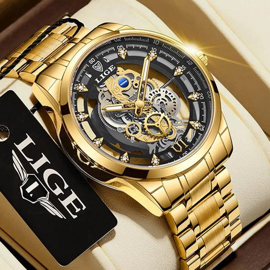 LIGE New Men Watch Skeleton Quartz Wristwatch Gold - Empire P.E