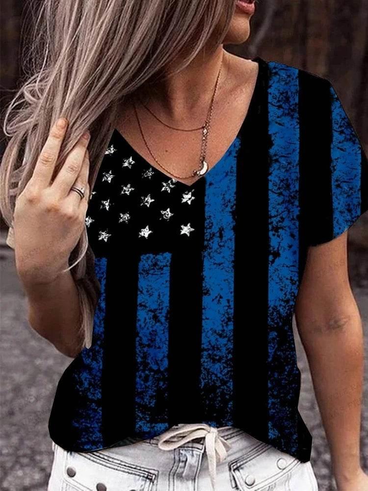 American Flag 3d Print T-shirt Women Fashion V-Neck T-shirts Short Sleeve Tops Tees Loose Casual Tees Vintage Camisetas USA Flag - Empire P.E