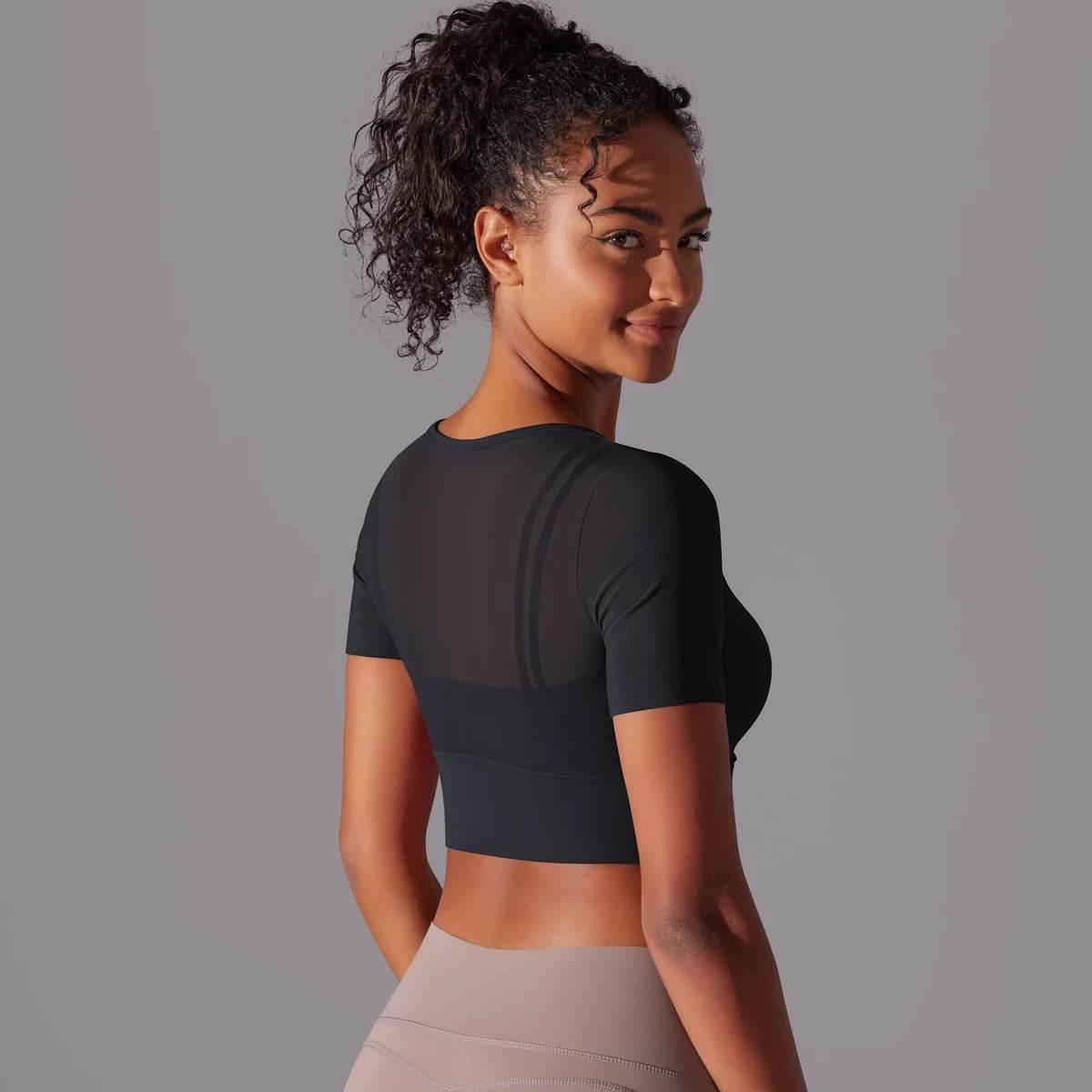 Solid Color Yoga Short Sleeve Sexy Double Layer Yoga Tank Top Spliced Mesh Yoga Clothing Top Fitness Running Sports Bra Women - Empire P.E