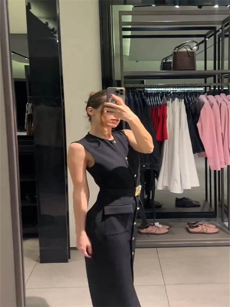 Black Long Dress Women With Belt Elegant Slim Single Breasted Sleeveless Front Split Dresses Female 2025 New Summer Lady Vestido - Empire P.E