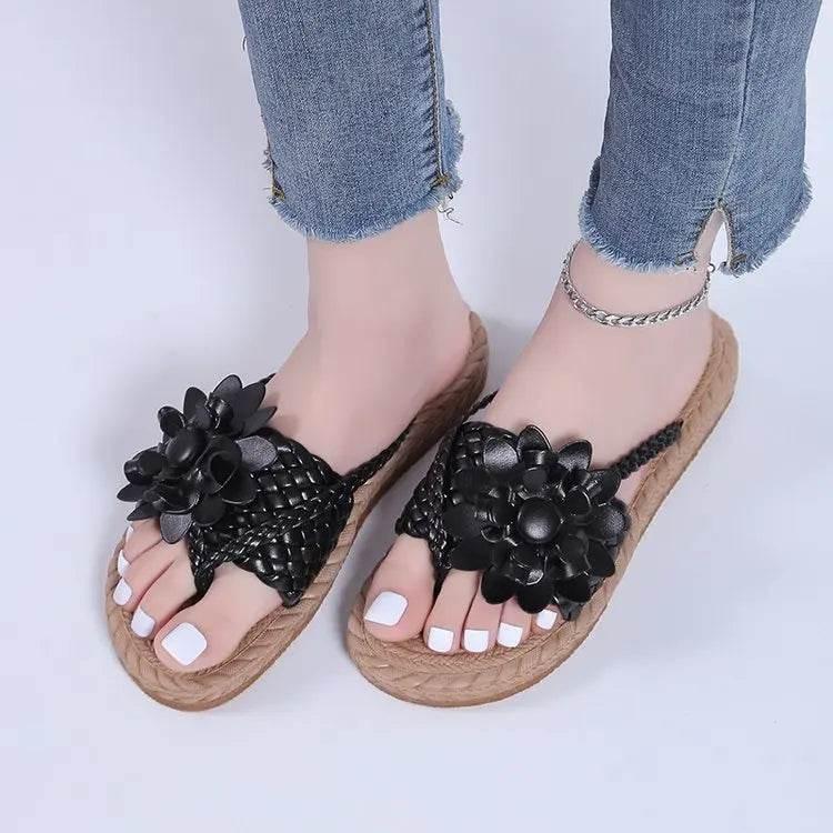 Slippers Women Ombre Floral Pattern Braided Casual Shoes Vacation Flat Holographic Braided Floral Pattern Toe Beach Flip Flops - Empire P.E