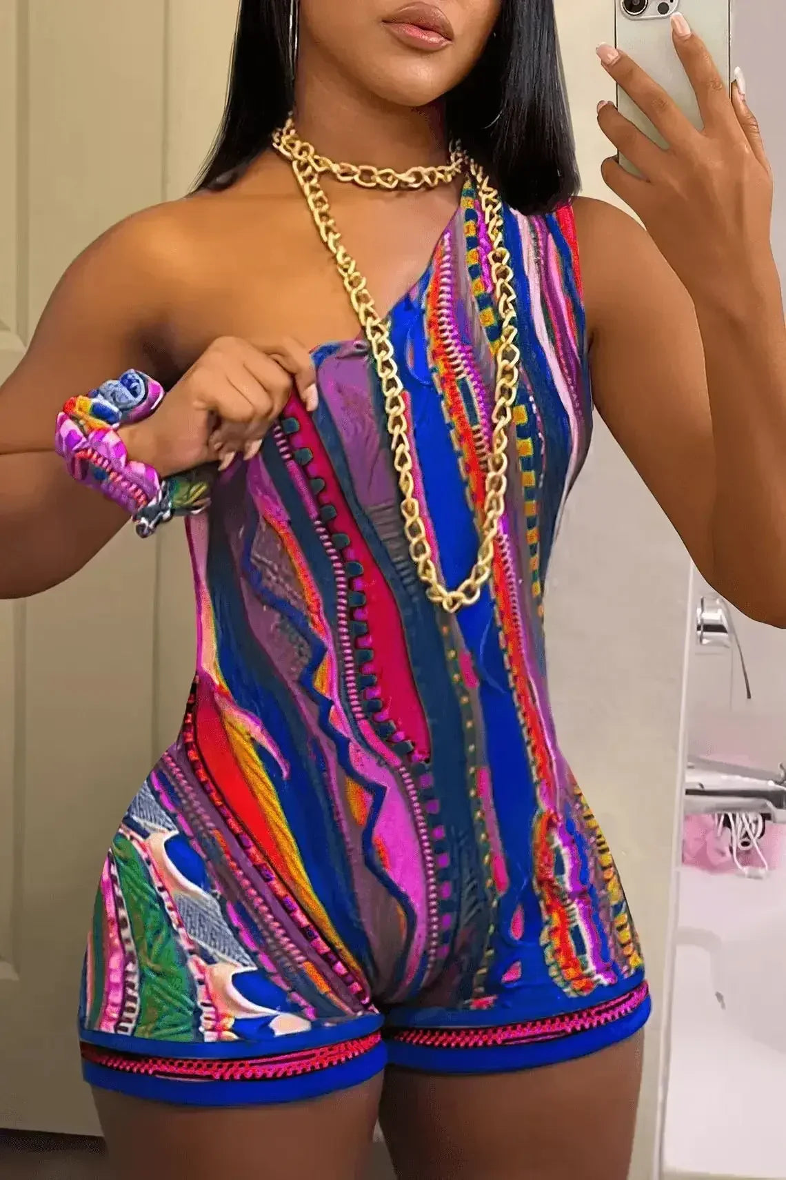 Striped Paisley Print Women's Set One Shoulder Tank Top and Shorts - Empire P.E