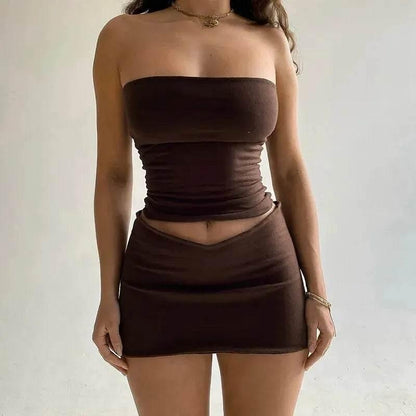 Hawthaw Women 2024 Summer Tube Tops Mini Skirts Party Club Two Piece Matching Sets Vacation Outfits Wholesale Items For Business - Empire P.E