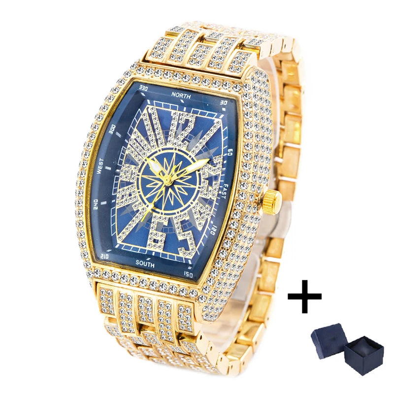 Men's  lce Diamond Sun Pattern Literal Quartz Wristwatch