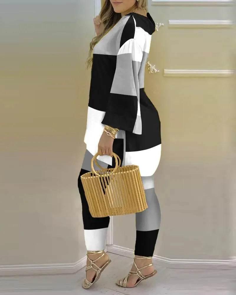 Women Print V Neck Tops Pant Sets Full Sleeve Pullover Two Piece Suit Elastic Waist Trousers Splice Shirts Autumn Regular Fit - Empire P.E