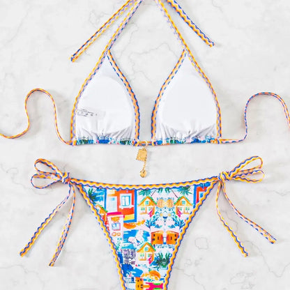 2026 new European and American triangle cup printed sexy bikini split swimsuit