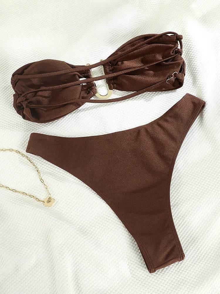 Solid Swimsuit Women Bathing Suit Bandeau Bikini 2024 Biquinis Feminino Swimwear High Waist Bikini Set Beachwear Sexy Bikinis - Empire P.E