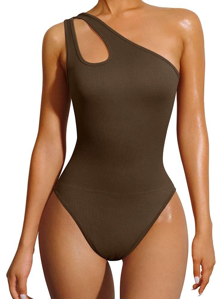 Women's Yoga Bodysuit Sleeveless Solid Color Sexy Fitness Workout Breathable One Shoulder Sport Tight Jumpsuit - Empire P.E