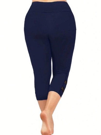 Plus Size Casual Leggings, Women's Plus Plain High Rise Contrast Mesh Capri Leggings - Empire P.E