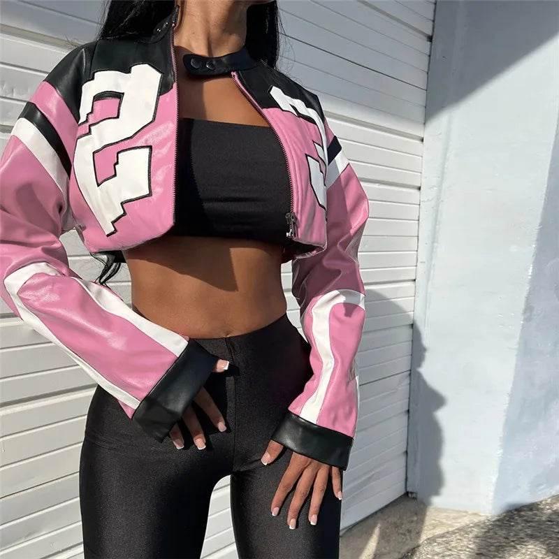 Streetwear Fashion Women Faux Leather New Jacket Letter Print Autumn Casual Sporty Wild Streetwear Uniform Trend Lady Crop Coat - Empire P.E