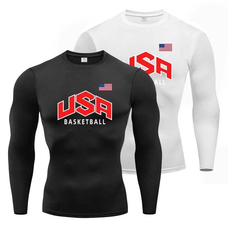 Usa Flag Basketball Athletic Men Running T-Shirt Compression Long Sleeve T Shirt Workout Bodybuilding Fitness Quick Dry Rashgard - Empire P.E