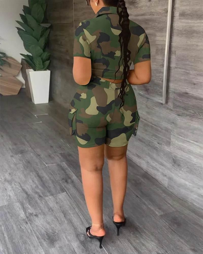 Pant Sets Women Printed Short Sleeved Shirt, 2-piece Suit With Pockets, Shoelace Top, Shorts, Thin Handbag, Summer - Empire P.E