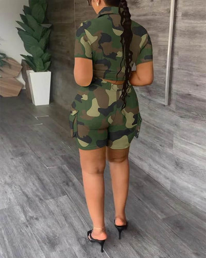 Pant Sets Women Printed Short Sleeved Shirt, 2-piece Suit With Pockets, Shoelace Top, Shorts, Thin Handbag, Summer - Empire P.E