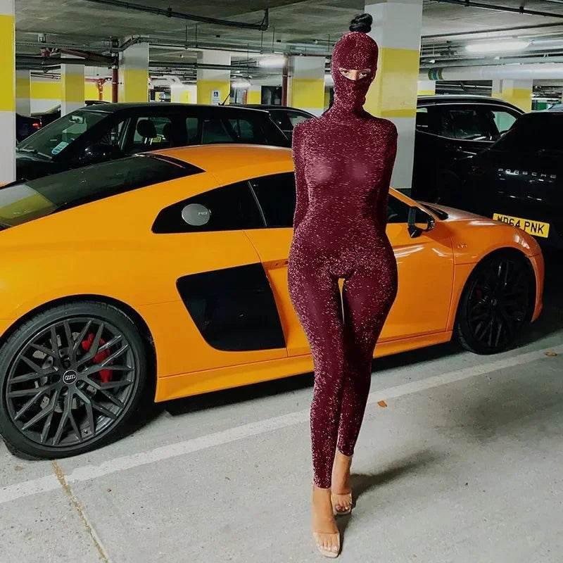Sequins Silk Jumpsuits With Headwear 2024 Autumn Women Sexy Turtleneck Backless Long Sleeve Skinny Overalls Party Club Rompers - Empire P.E