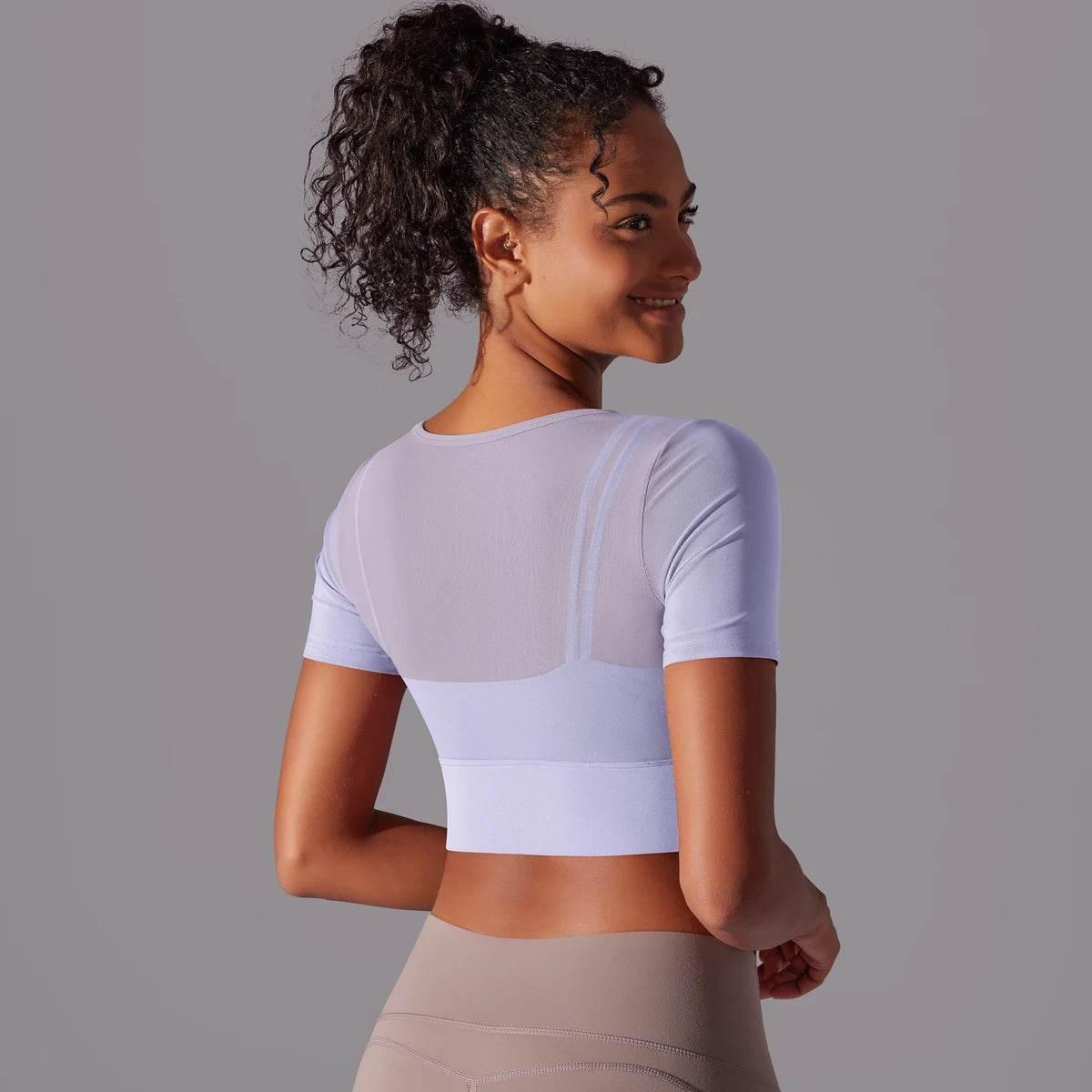 Solid Color Yoga Short Sleeve Sexy Double Layer Yoga Tank Top Spliced Mesh Yoga Clothing Top Fitness Running Sports Bra Women - Empire P.E