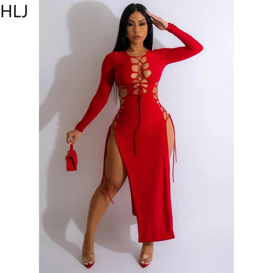 HLJ Sexy Solid Hollow Out Bandage Slit Bodycon Mid Dresses