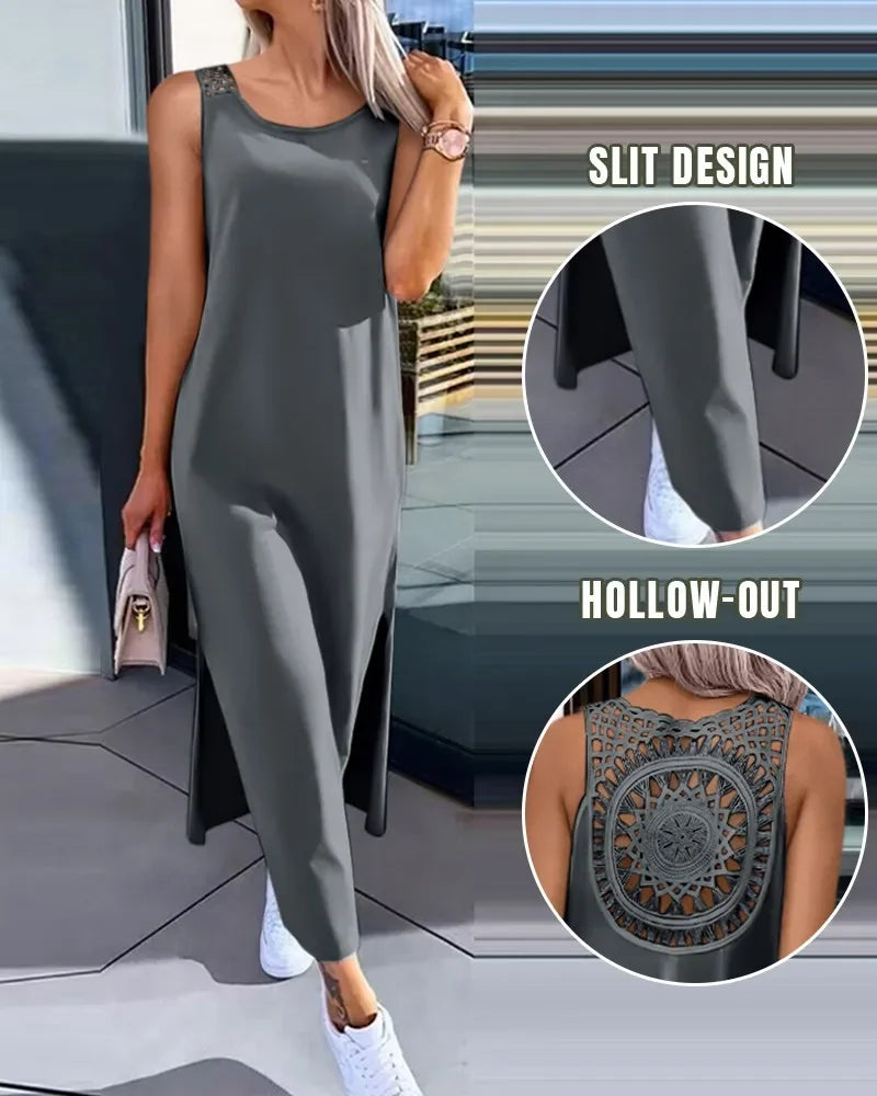 Hollow Out Solid Long Dress Women Fashion Sleeveless - Empire P.E