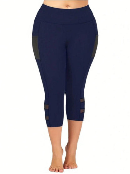 Plus Size Casual Leggings, Women's Plus Plain High Rise Contrast Mesh Capri Leggings - Empire P.E