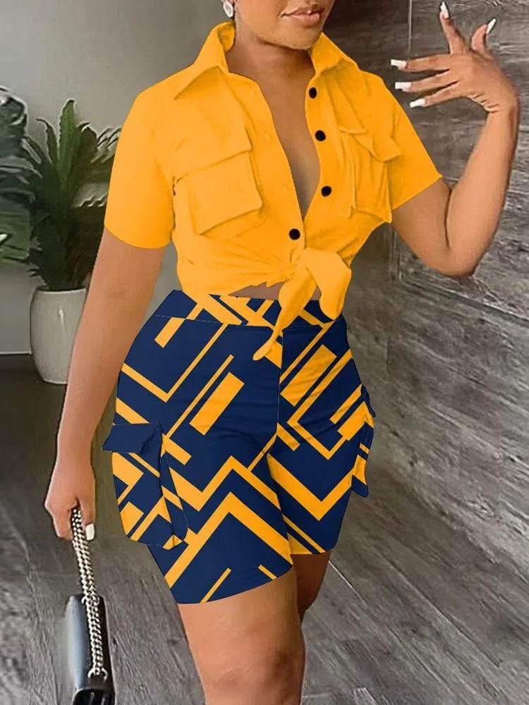 Pant Sets Women Printed Short Sleeved Shirt, 2-piece Suit With Pockets, Shoelace Top, Shorts, Thin Handbag, Summer - Empire P.E