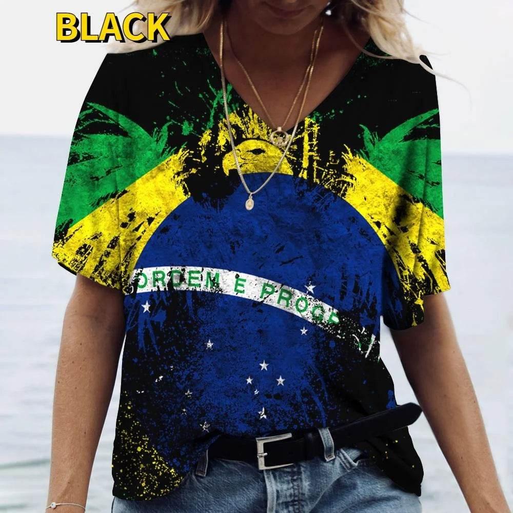 Brasil Shirt Women's T-shirt Brazilian Flag Tops V Neck Casual Short Sleeve Streetwear Tees Harajuku Clothes - Empire P.E