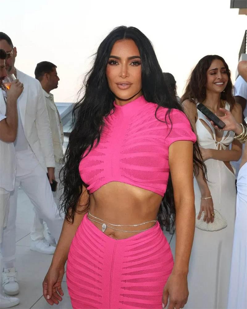 Sexy Knitted Striped 2 Piece Sets Women Outfit Y2K Clothes Birthday Sheer Crop Top and Long Skirt Set Elegant Night Club Outfits - Empire P.E